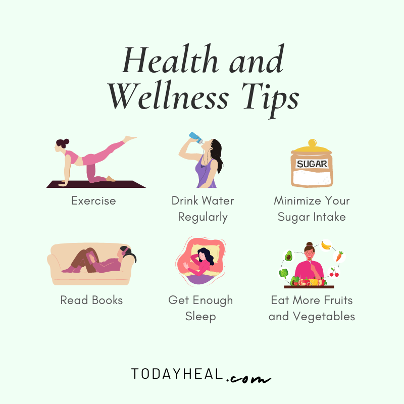 Wellness tips illustrated on a blue picture of 6 cartoons
